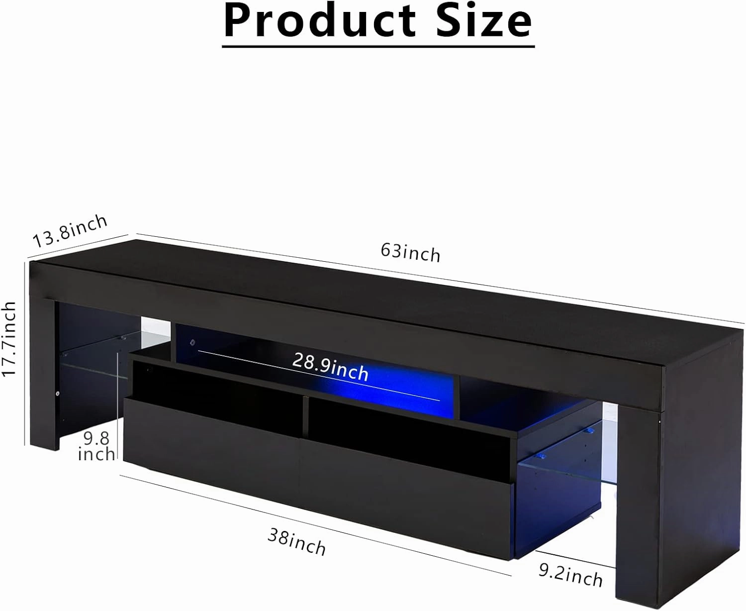SUSSURRO LED TV Stand for 60/65/70 inch TV, Modern Gloss Entertainment Center with Drawer and Glass Open Shelf, Television Table Center Media Console for Living Room， Black