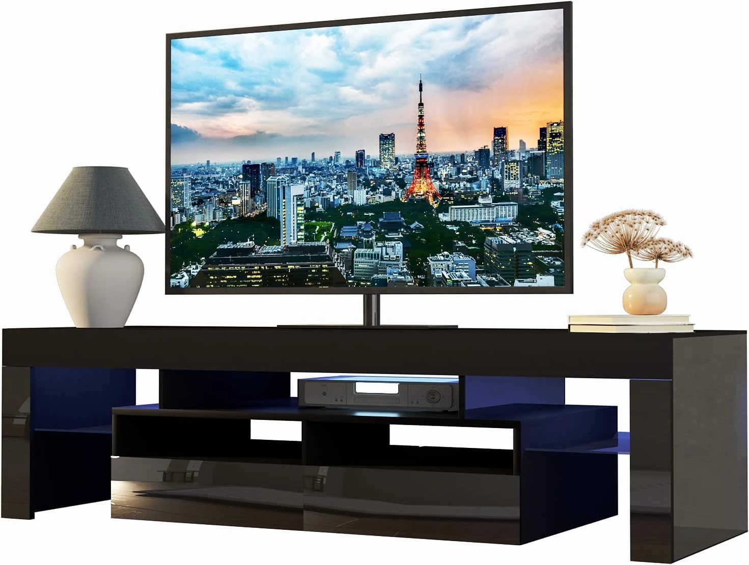 SUSSURRO LED TV Stand for 60/65/70 inch TV, Modern Gloss Entertainment Center with Drawer and Glass Open Shelf, Television Table Center Media Console for Living Room， Black
