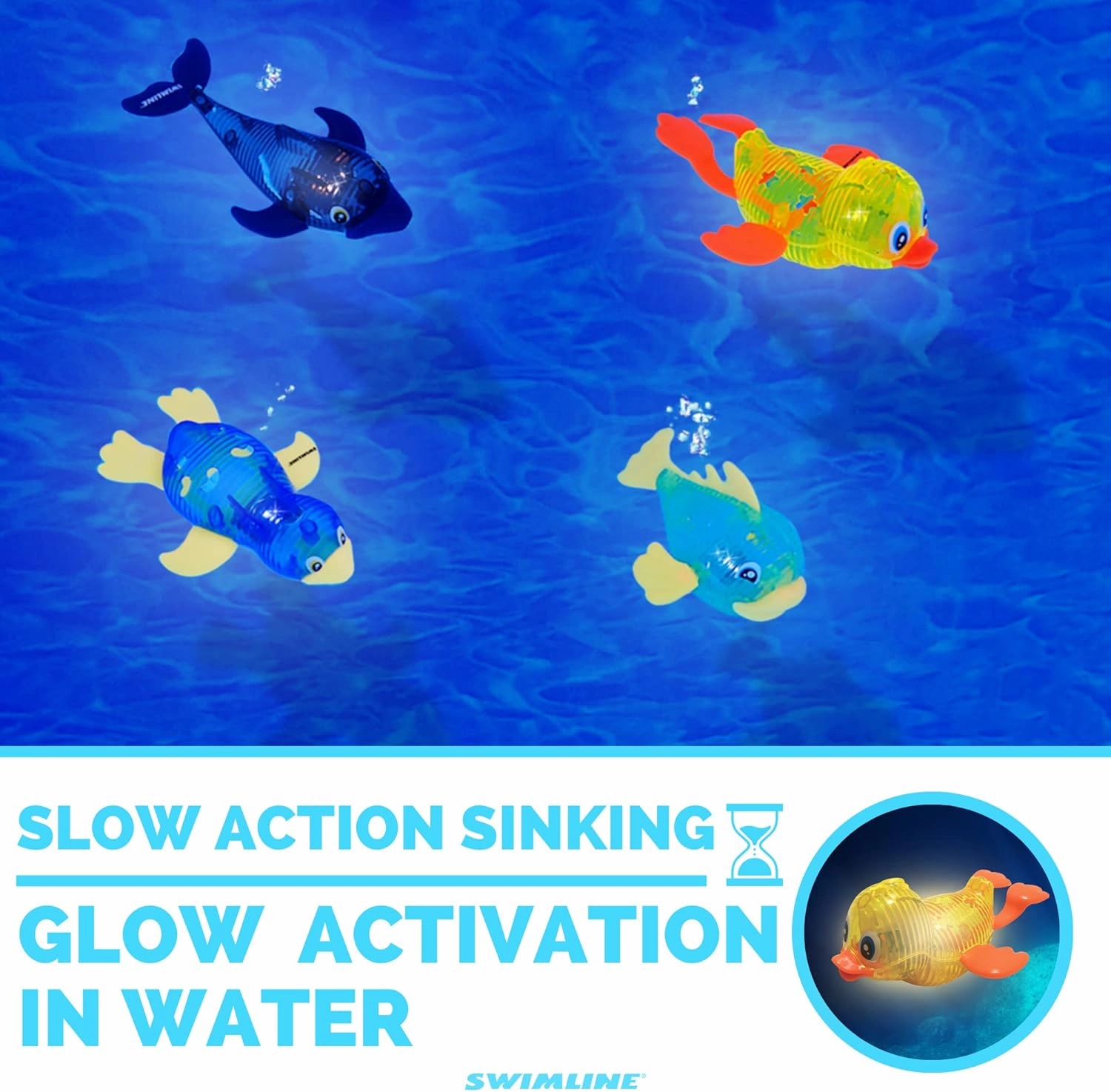 Swimline Original 4-Pack Diving Toys LED Light-Up Glowing Sea Animal Fun Pals Catch The Fish Retrieval Game for Swimming Pool & Bath Tub for Kids Multi Color Flashing Underwater Dive Practice Learn