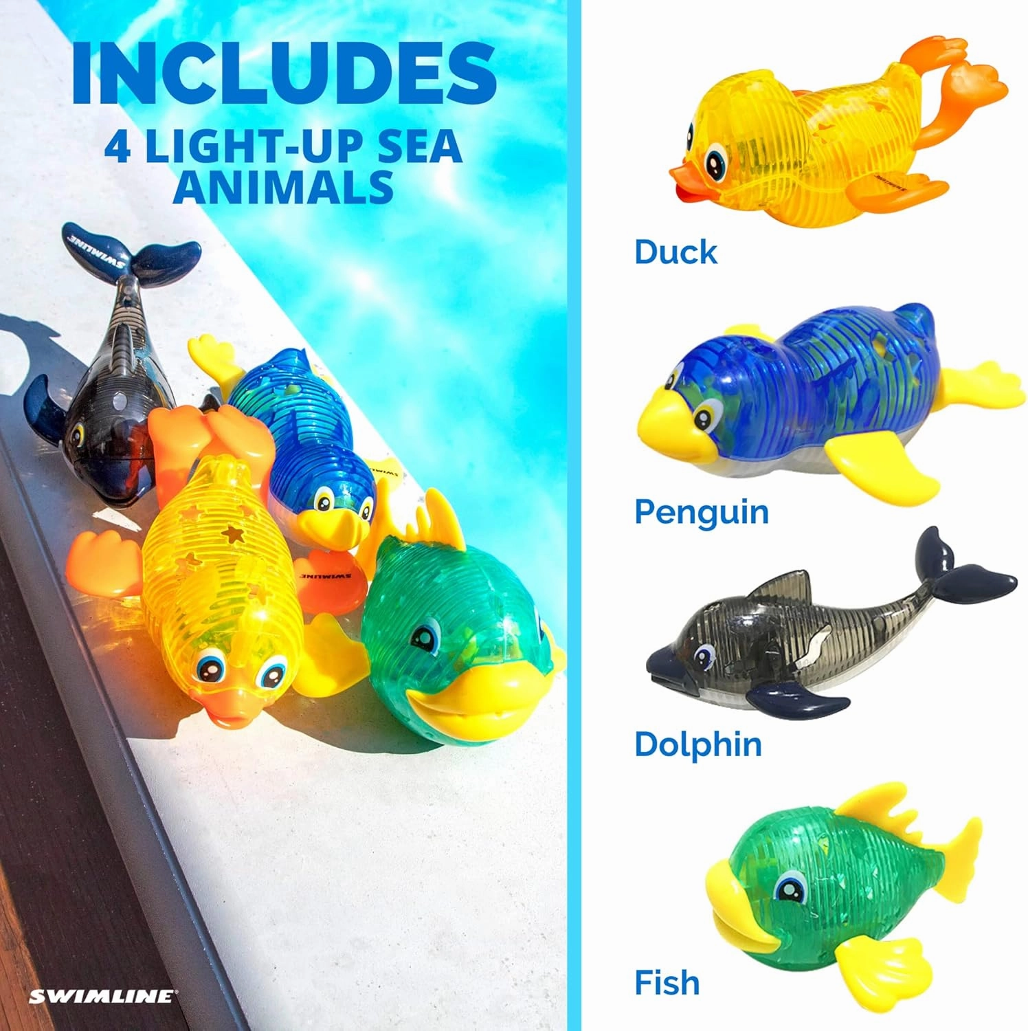 Swimline Original 4-Pack Diving Toys LED Light-Up Glowing Sea Animal Fun Pals Catch The Fish Retrieval Game for Swimming Pool & Bath Tub for Kids Multi Color Flashing Underwater Dive Practice Learn