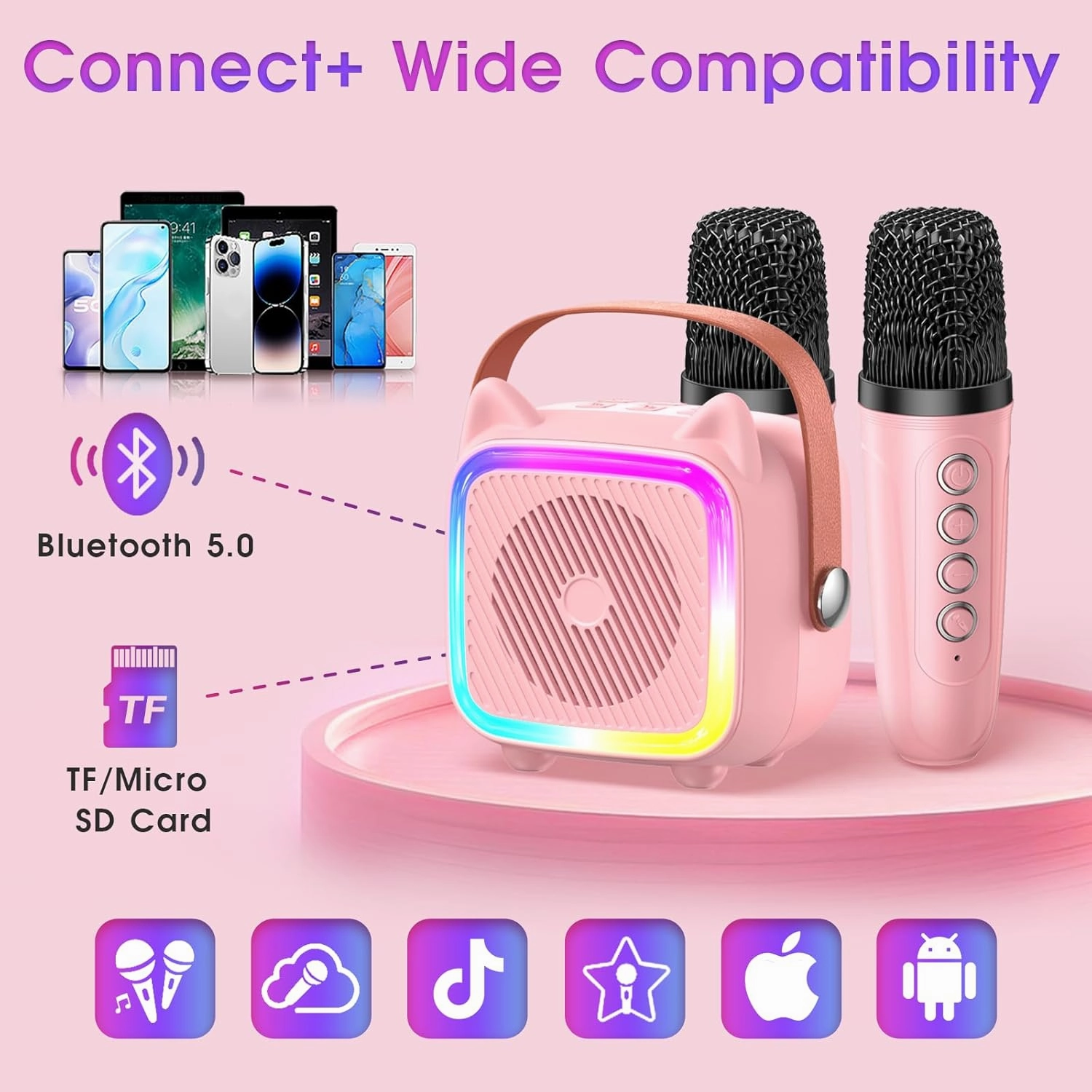 SXH Mini Karaoke Machine for Kids Portable Karaoke Machine with 2 Bluetooth Wireless Microphones,Birthday Gifts Toys for Girls Ages 3, 4, 5, 6, 7, 8, 9,10,11,12  Years Old (Pink 2 Mics)