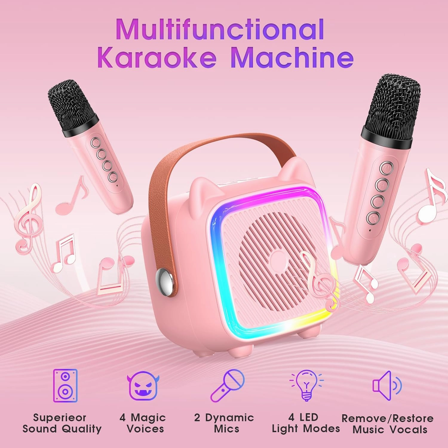 SXH Mini Karaoke Machine for Kids Portable Karaoke Machine with 2 Bluetooth Wireless Microphones,Birthday Gifts Toys for Girls Ages 3, 4, 5, 6, 7, 8, 9,10,11,12  Years Old (Pink 2 Mics)