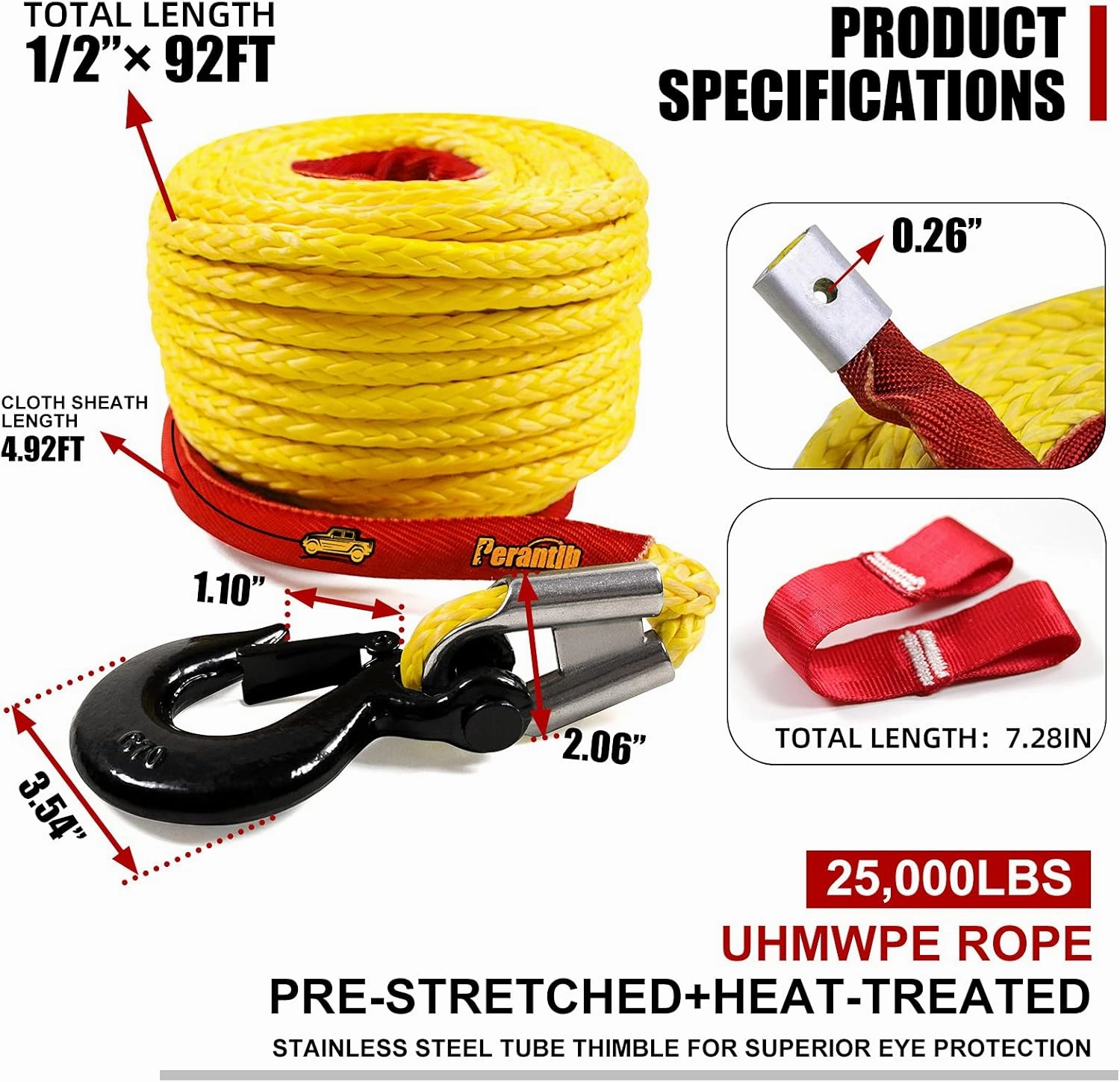 Synthetic Winch Rope 1/2" x 92'-25000 lbs Winch Line with Protective Sleeve,Forged Winch Hook,Safety Pull Strap go for 4WD Road Vehicle Truck SUV ATV UTV（Yellow）…