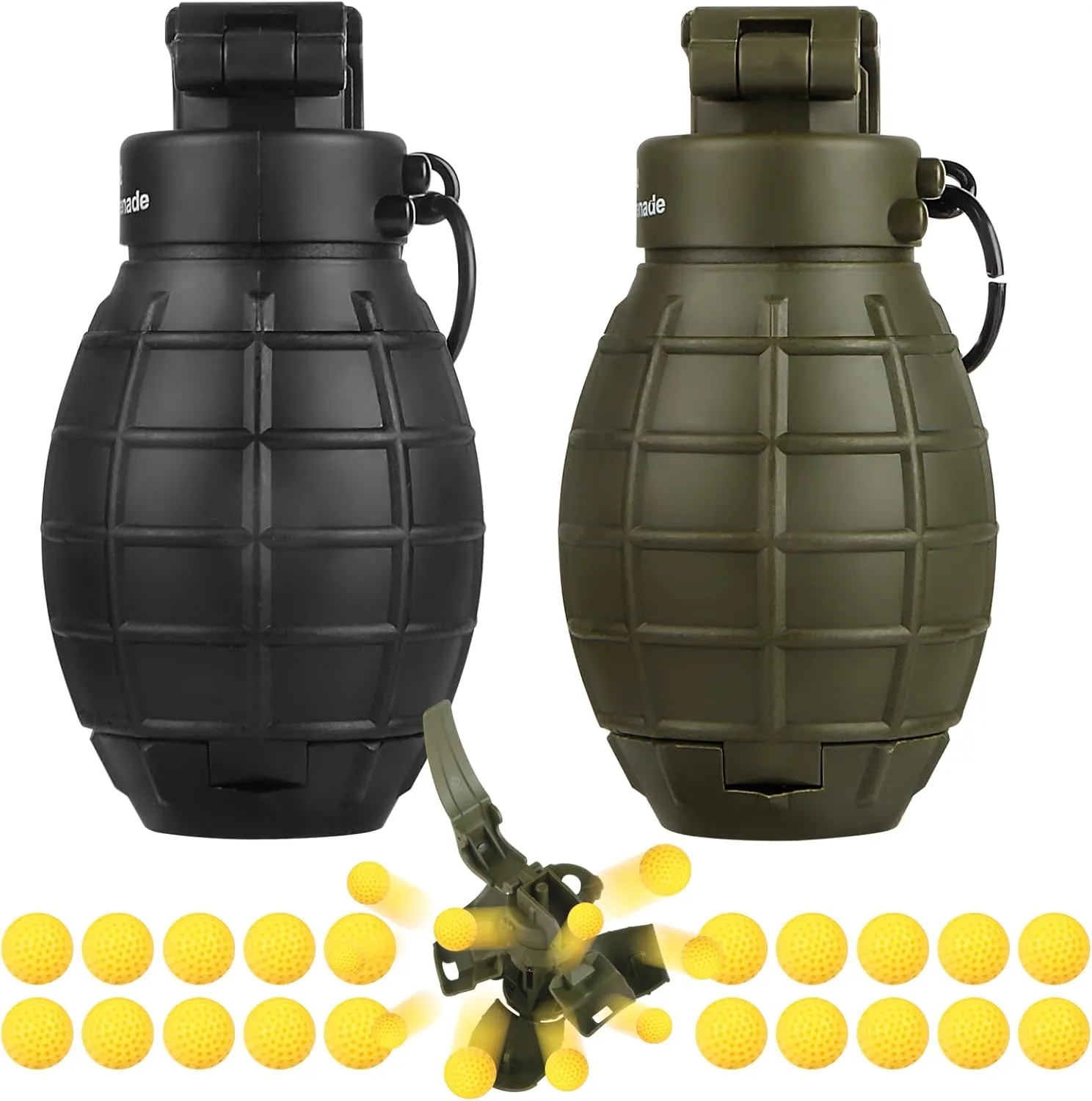 Tactical Toy Hand Grenade Bomb for Nerf CS Battle Game,2Pcs Fun Impact Pull Ring Fall Resistant Refillable Grenade Toy with 20 Foam Ammo for 14  Outdoor Sport