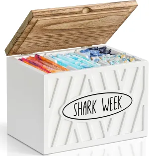 Tampon Holder for Bathroom Accessories, Shark Week Bathroom Organizer with Lid, Wood Feminine Product Organizer over Toilet Storage, Pad and Tampon Organizer for Bathroom Decor, Girl Stuff Box (White)