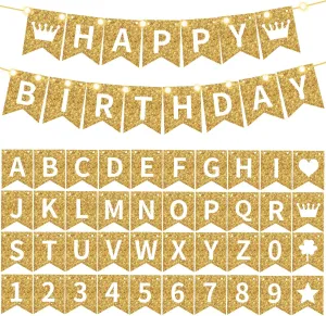 TaoBary 135 Pcs DIY Banner Custom Letters Kit Make Your Own Banner for Birthday Graduation Party Decor Include 107 Letters and Numbers, 16 Symbols, 2 String Lights, 5 Needles, 5 Rope(Gold)