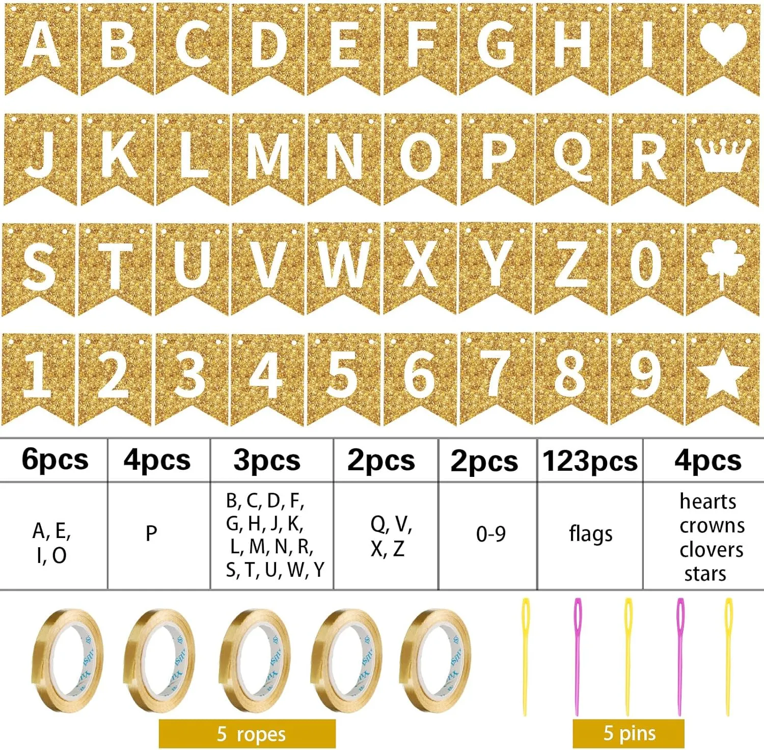 TaoBary 135 Pcs DIY Banner Custom Letters Kit Make Your Own Banner for Birthday Graduation Party Decor Include 107 Letters and Numbers, 16 Symbols, 2 String Lights, 5 Needles, 5 Rope(Gold)
