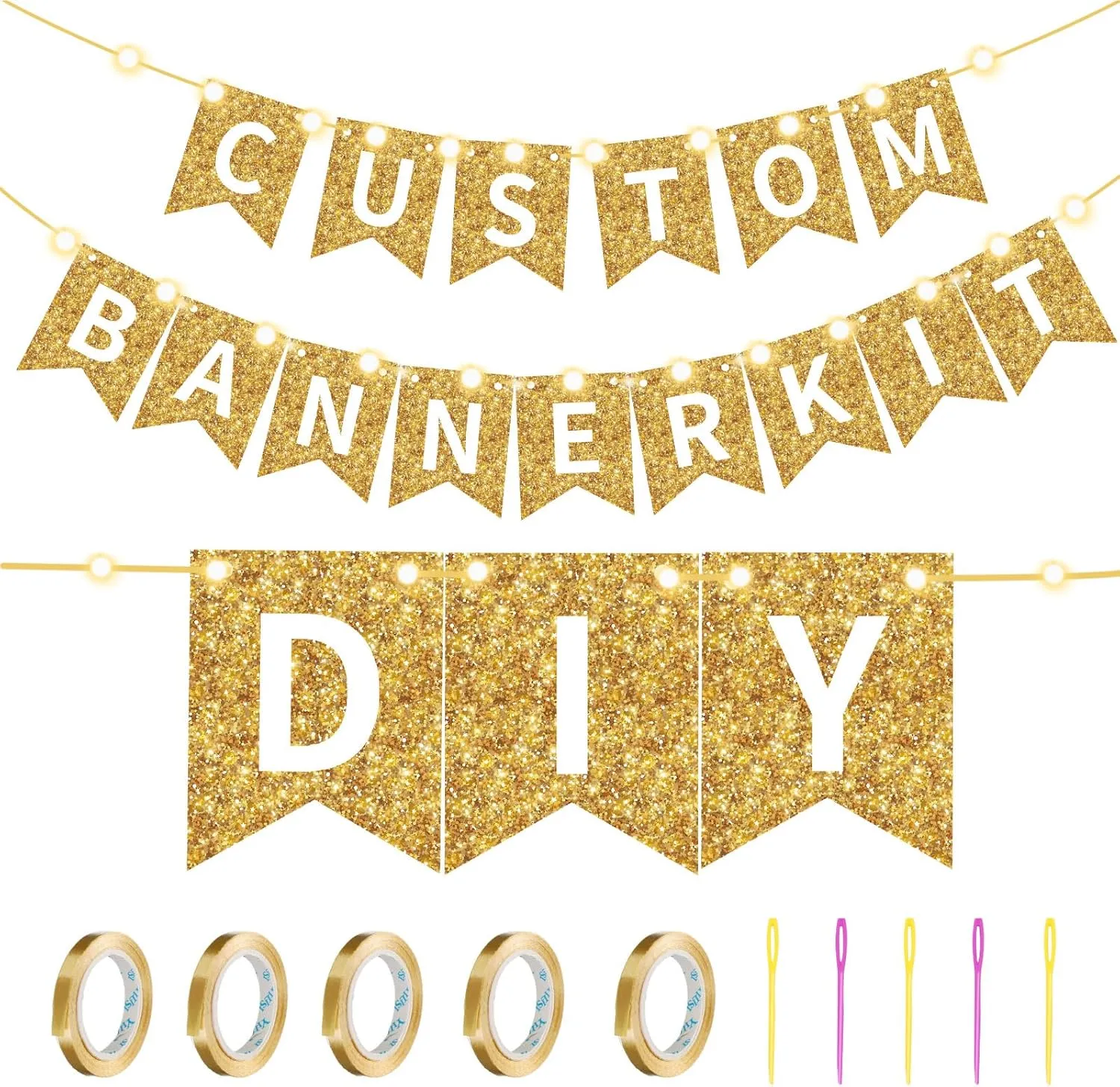 TaoBary 135 Pcs DIY Banner Custom Letters Kit Make Your Own Banner for Birthday Graduation Party Decor Include 107 Letters and Numbers, 16 Symbols, 2 String Lights, 5 Needles, 5 Rope(Gold)