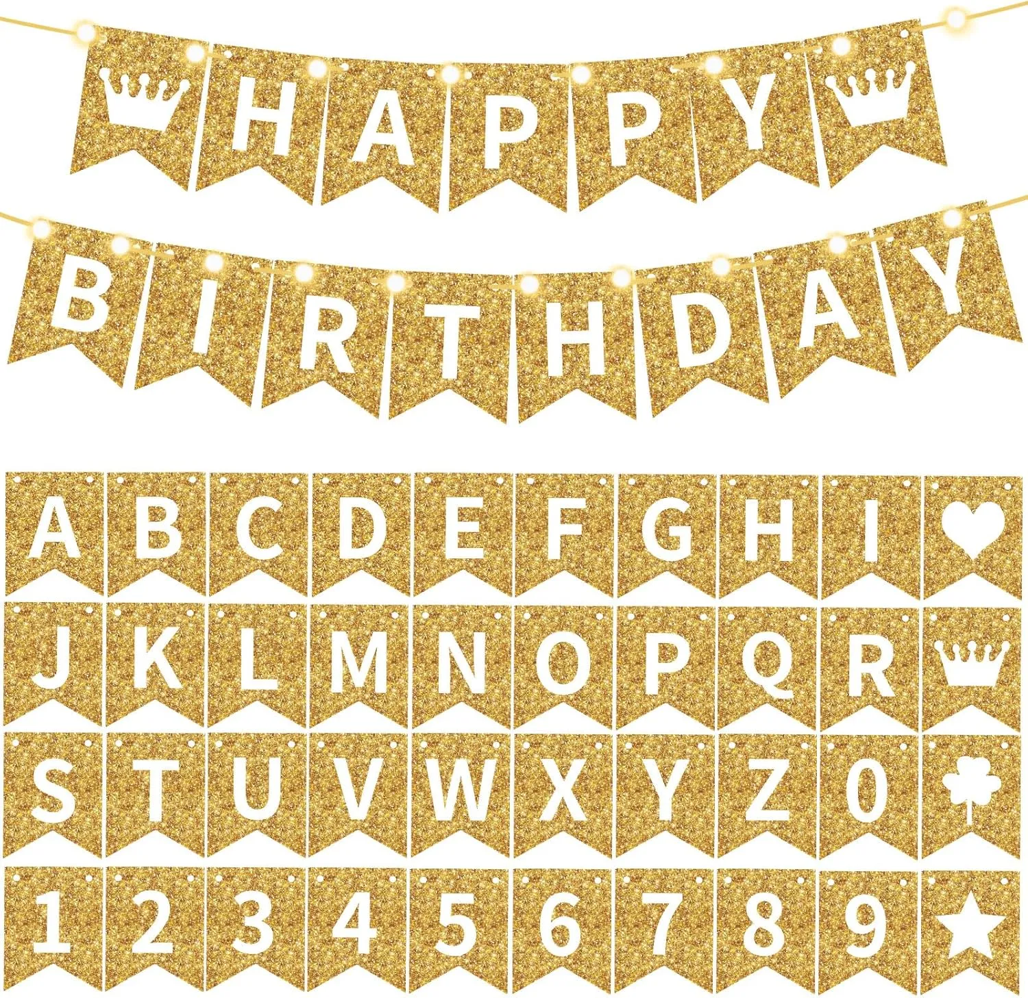 TaoBary 135 Pcs DIY Banner Custom Letters Kit Make Your Own Banner for Birthday Graduation Party Decor Include 107 Letters and Numbers, 16 Symbols, 2 String Lights, 5 Needles, 5 Rope(Gold)