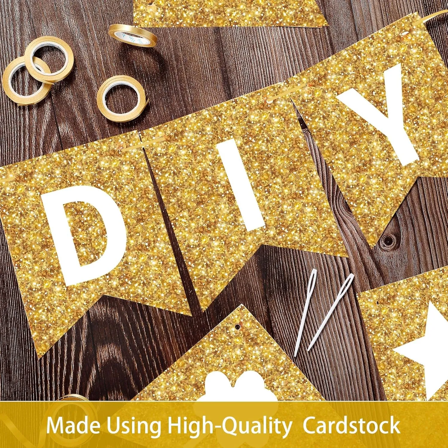 TaoBary 135 Pcs DIY Banner Custom Letters Kit Make Your Own Banner for Birthday Graduation Party Decor Include 107 Letters and Numbers, 16 Symbols, 2 String Lights, 5 Needles, 5 Rope(Gold)