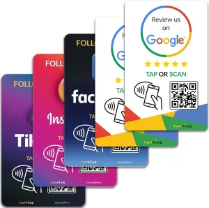 TapFive Google Review Tap Cards   Follow Us on Instagram Facebook TikTok - Tap for Instant Reviews & Followers - All Phones Compatible - Reusable NFC & QR (5-Pack Social Pack)