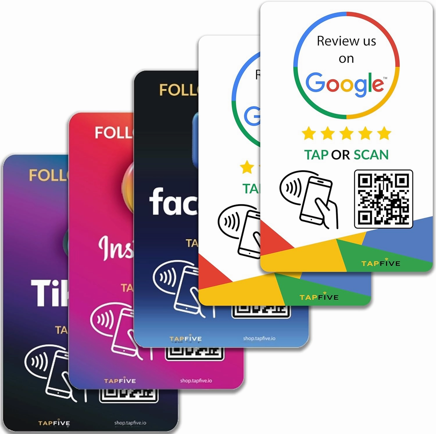 TapFive Google Review Tap Cards   Follow Us on Instagram Facebook TikTok - Tap for Instant Reviews & Followers - All Phones Compatible - Reusable NFC & QR (5-Pack Social Pack)