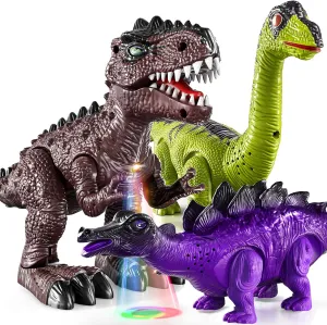 TEMI 3 Pack Electrical Walking Dinosaur Toys for Toddlers 2-4 3-5 Years with Sound and Light Up, Toddler Robot Dinosaur, Brachiosaurus, Stegosaurus Dinosaur Figures for Kids