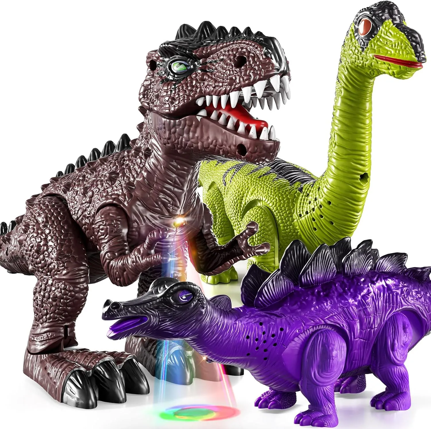 TEMI 3 Pack Electrical Walking Dinosaur Toys for Toddlers 2-4 3-5 Years with Sound and Light Up, Toddler Robot Dinosaur, Brachiosaurus, Stegosaurus Dinosaur Figures for Kids