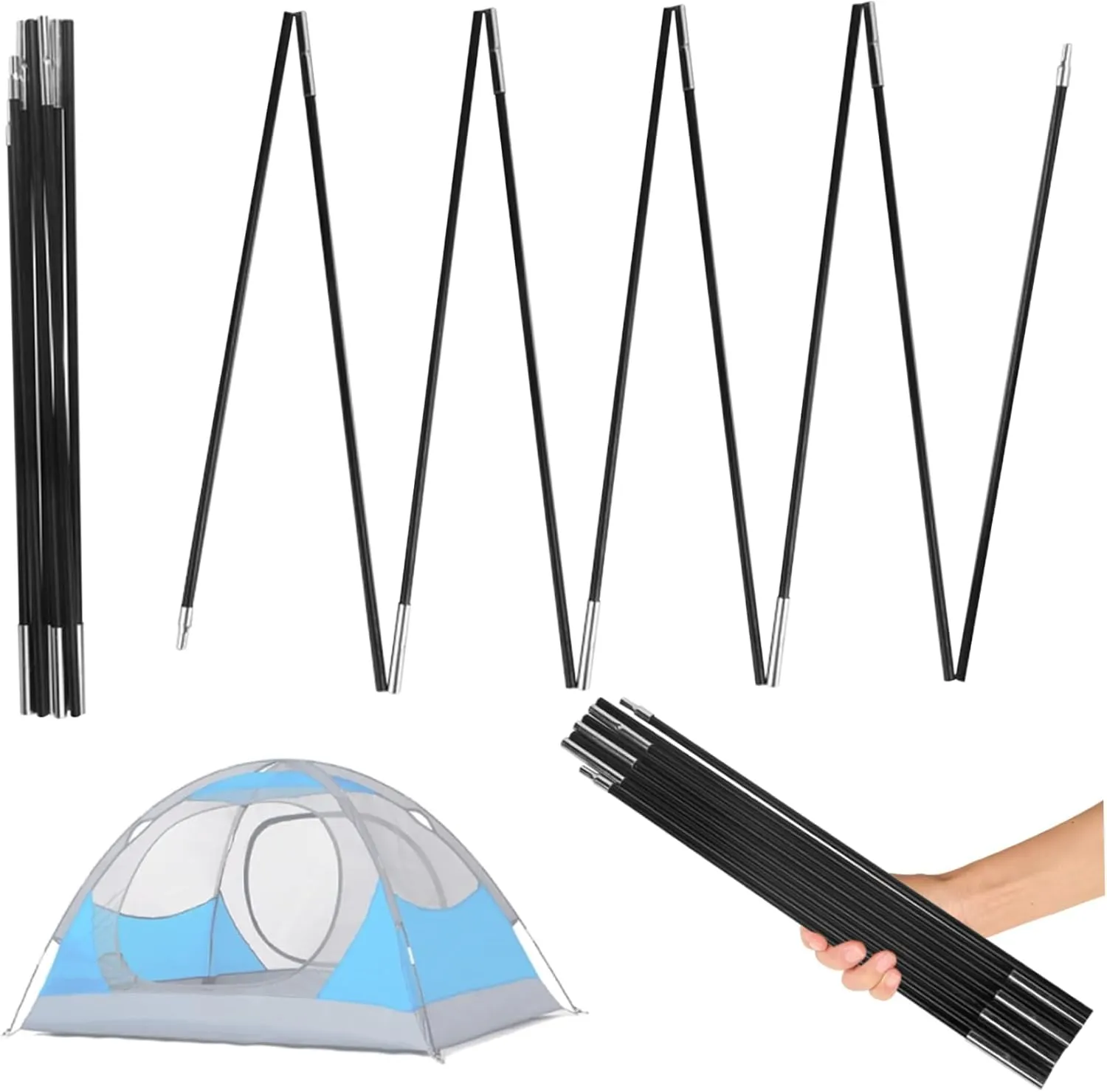 Tent Poles Replacement 8MM 12.8Ft Length Adjustable Fiberglass Tarp Poles 18 Sections Supporting Awning Rods for Camping Backpacking Tent Stakes