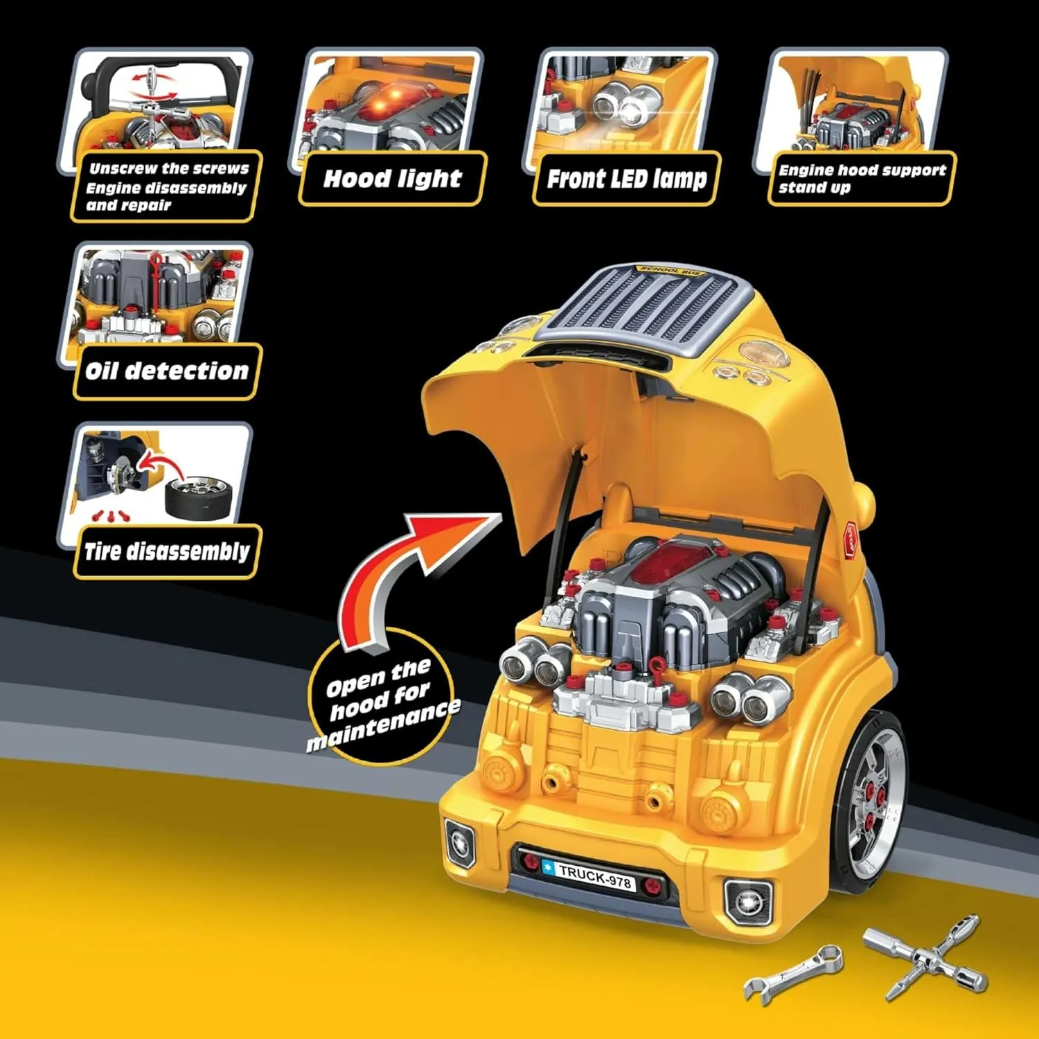 The Bubble Factory: Motor Car Engine Workshop - Yellow School Bus - Take Apart & Rebuild Mechanical Toy, Battery-Powered, Lights & Sound, Kids Ages 3 