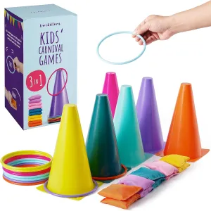 The Twiddlers - 3 in 1 Ring Toss Party Game for Kids Play - Colourful Hoops and Cones, Bean Bag Throwing Toy for Children Carnival, Birthday Outdoor Fun Activity
