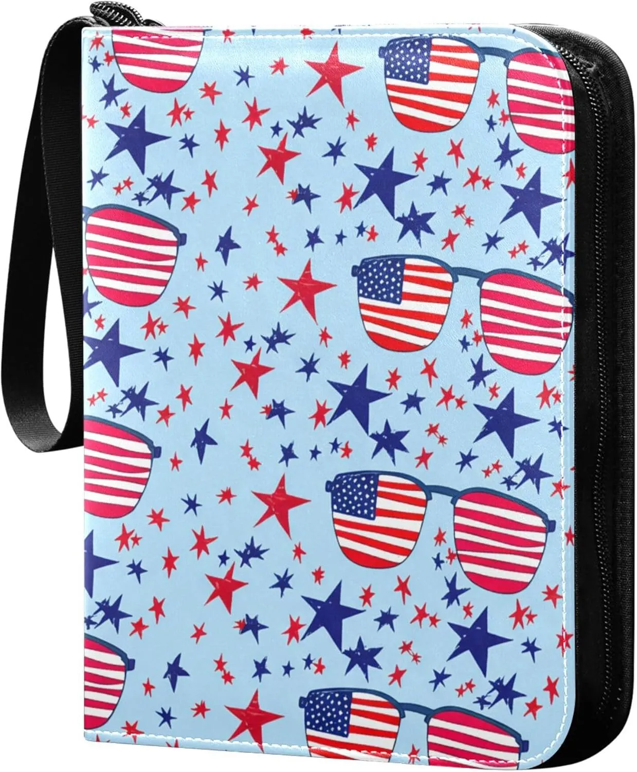 The USA Flag Glasses and Stars Card Binder 4 Pocket Collectible Trading Card Albums with 50 Sleeves Double Side PU Waterproof 3 Ring for Sports & Game Cards