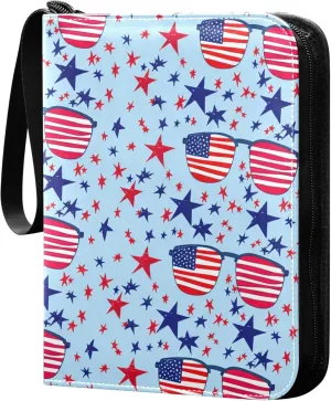 The USA Flag Glasses and Stars Card Binder 4 Pocket Collectible Trading Card Albums with 50 Sleeves Double Side PU Waterproof 3 Ring for Sports & Game Cards