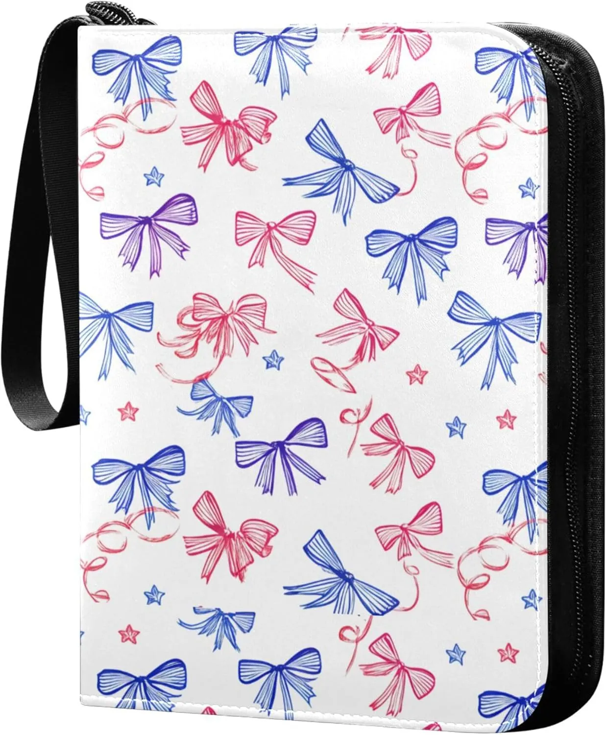 The USA Flag Pretty Bow Card Binder 4 Pocket Collectible Trading Card Albums with 50 Sleeves Double Side PU Waterproof 3 Ring for Sports & Game Cards