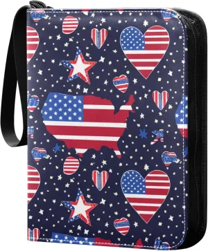 The USA Flag Stars and Hearts Card Binder 4 Pocket Collectible Trading Card Albums with 50 Sleeves Double Side PU Waterproof 3 Ring for Sports & Game Cards