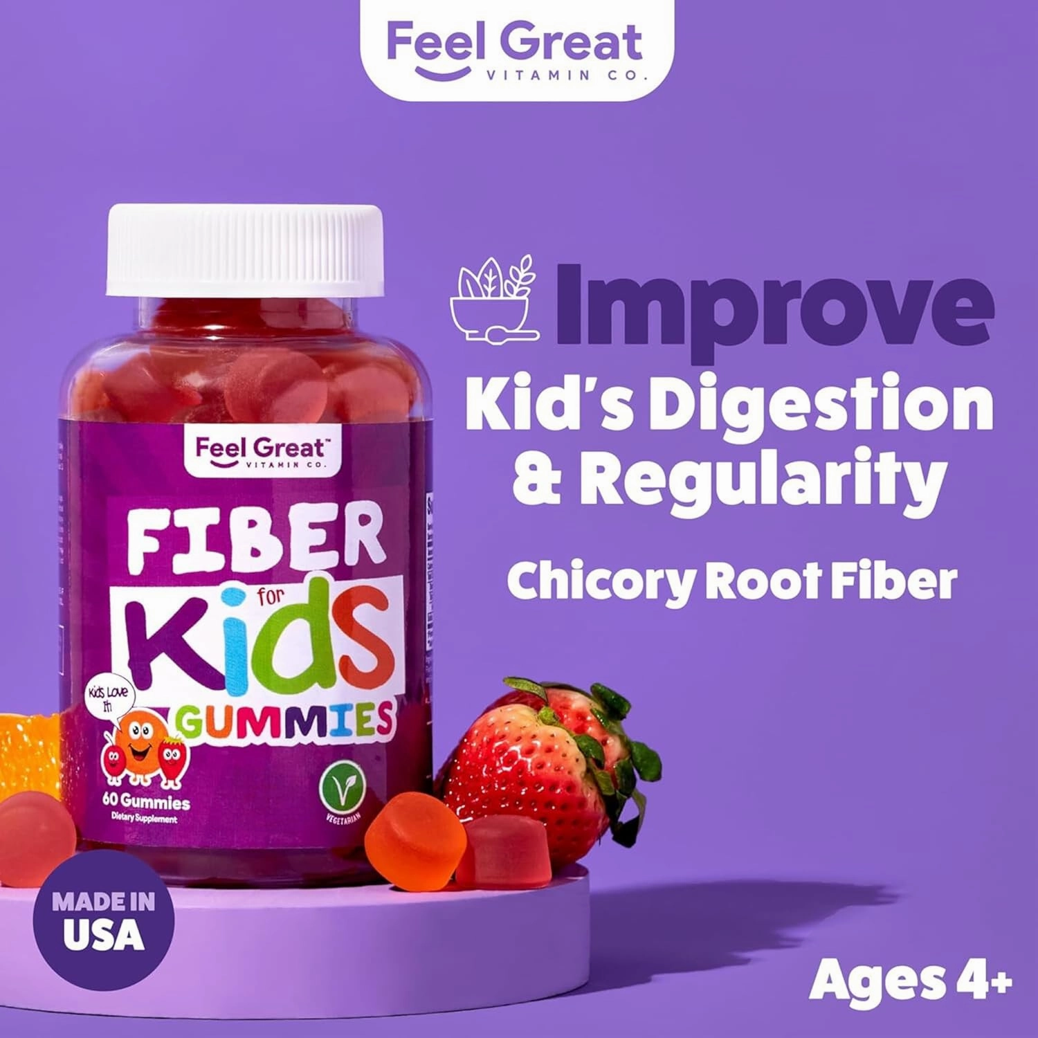 The Feel Great Vitamin Company Fiber Gummies for Kids for Digestive Support | Constipation Relief for Kids | Fruity Flavored Chewable Fiber Gummies | Vegetarian Supplements | 60 Day Supply