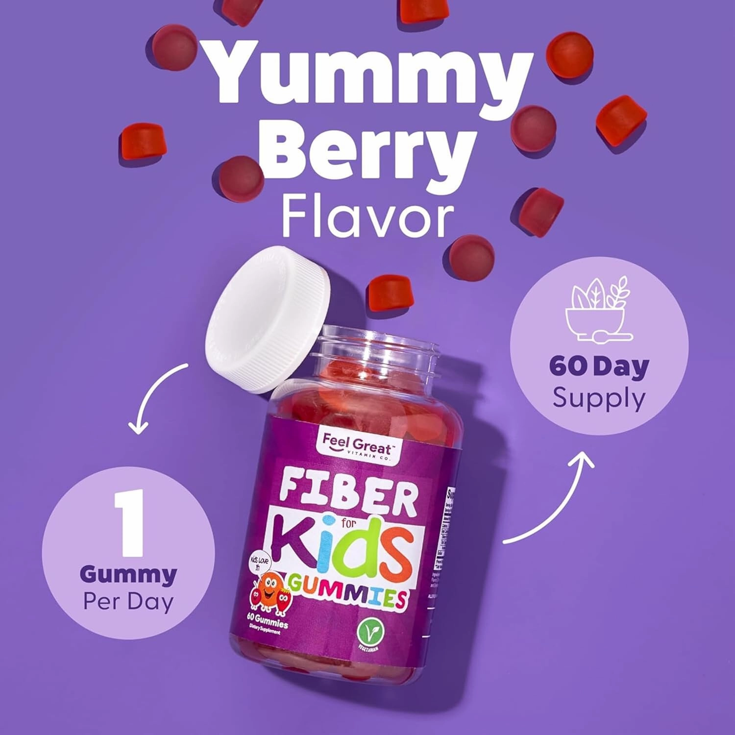 The Feel Great Vitamin Company Fiber Gummies for Kids for Digestive Support | Constipation Relief for Kids | Fruity Flavored Chewable Fiber Gummies | Vegetarian Supplements | 60 Day Supply