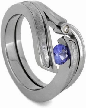 The Men's Jewelry Store (for HER) Blue Sapphire, Gibeon Meteorite Engagement Ring, Moissanite Wedding Bridal Set