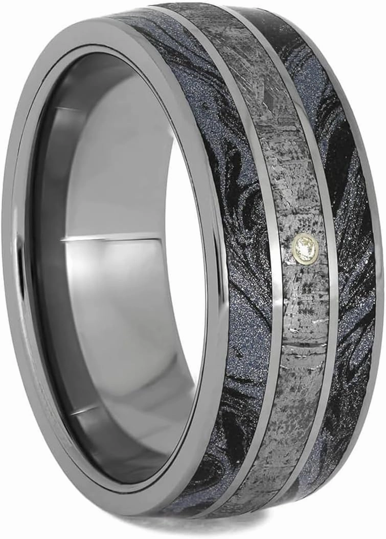 The Men's Jewelry Store (Unisex Jewelry) White Sapphire, Gibeon Meteorite, Cobaltium Mokume 8.5mm Comfort-Fit Titanium Wedding Band