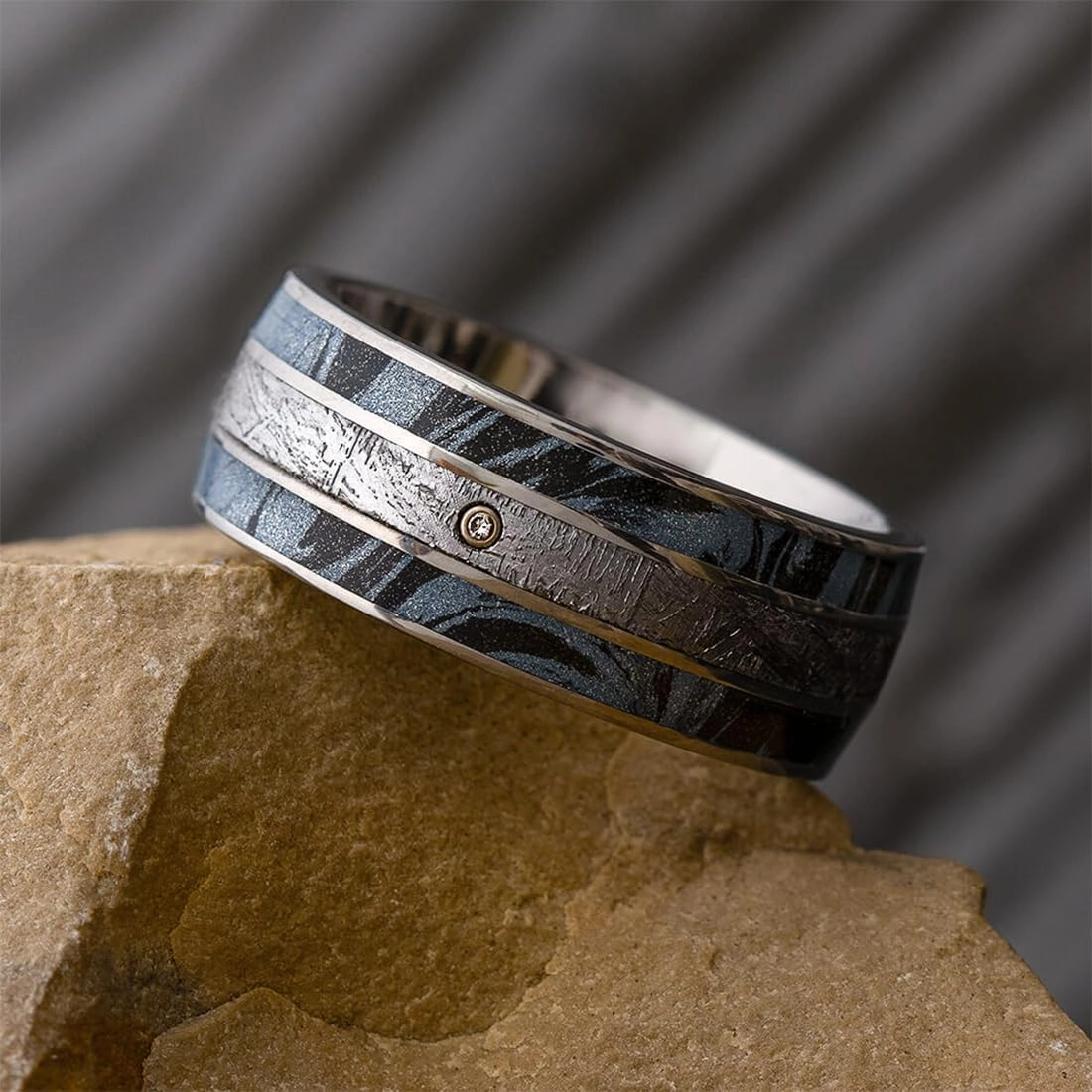 The Men's Jewelry Store (Unisex Jewelry) White Sapphire, Gibeon Meteorite, Cobaltium Mokume 8.5mm Comfort-Fit Titanium Wedding Band