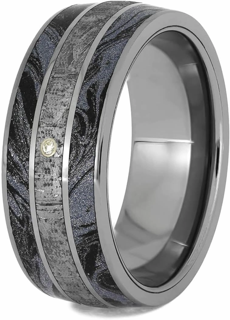The Men's Jewelry Store (Unisex Jewelry) White Sapphire, Gibeon Meteorite, Cobaltium Mokume 8.5mm Comfort-Fit Titanium Wedding Band