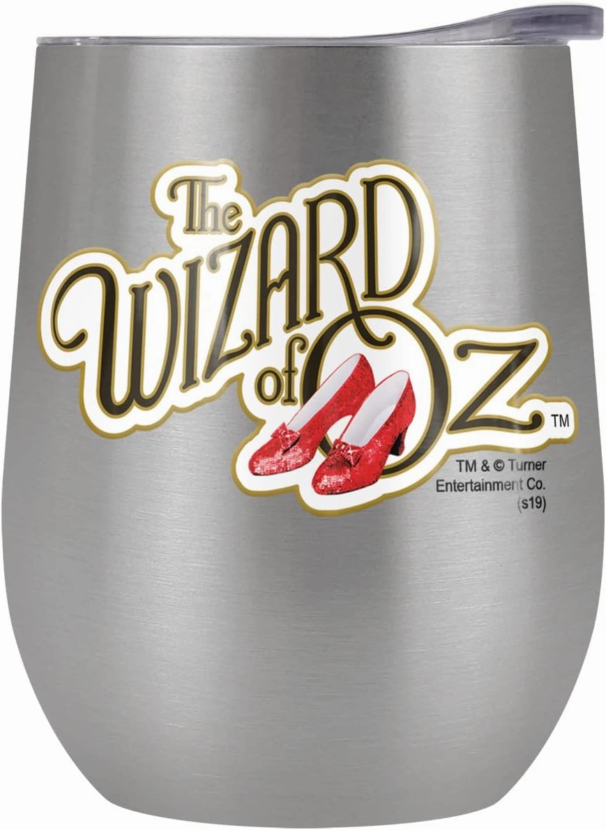 The Wizard of Oz OFFICIAL the Wizard of Oz Ruby Slippers Logo Pattern 12 OZ Stemless Wine Tumbler, Stainless Steel Travel Cup|Lake Tumbler|Insulated with Leak Resistant Slide-Lock Lid, Stainless Steel