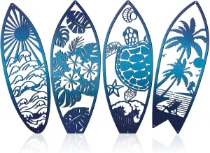 Therwen 4 Pcs Metal Surf Board Wall Decor Summer Tropical Metal Surfboard Beach Signs Tropical Palm Tree Art Turtle Decoration Summer Wall Decor for Door(Blue)