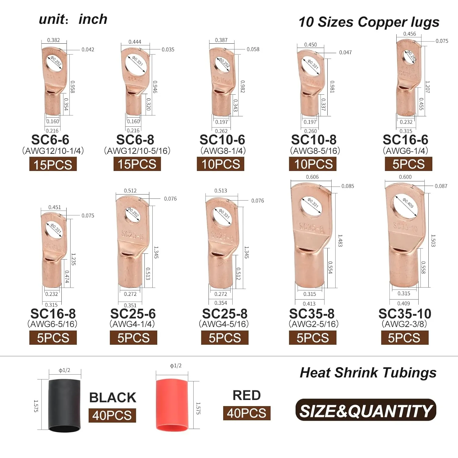 Thickened Copper Lugs，Electric Wire Lugs，AWG2 4 6 8 10 12Gauge，80Pcs Heavy Duty Battery Cable Lugs Ends Ring Terminal Connectors，80Pcs 3:1 Heat Shrink Tubing Assortment Kit Set（160pcs）