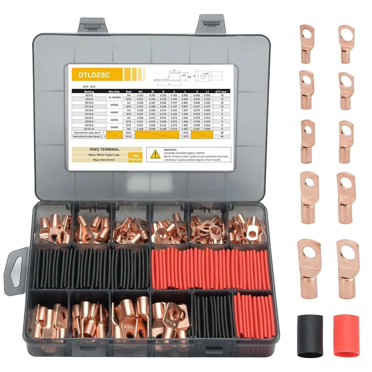 Thickened Copper Lugs，Electric Wire Lugs，AWG2 4 6 8 10 12Gauge，80Pcs Heavy Duty Battery Cable Lugs Ends Ring Terminal Connectors，80Pcs 3:1 Heat Shrink Tubing Assortment Kit Set（160pcs）