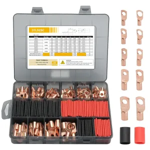 Thickened Copper Lugs，Electric Wire Lugs，AWG2 4 6 8 10 12Gauge，80Pcs Heavy Duty Battery Cable Lugs Ends Ring Terminal Connectors，80Pcs 3:1 Heat Shrink Tubing Assortment Kit Set（160pcs）