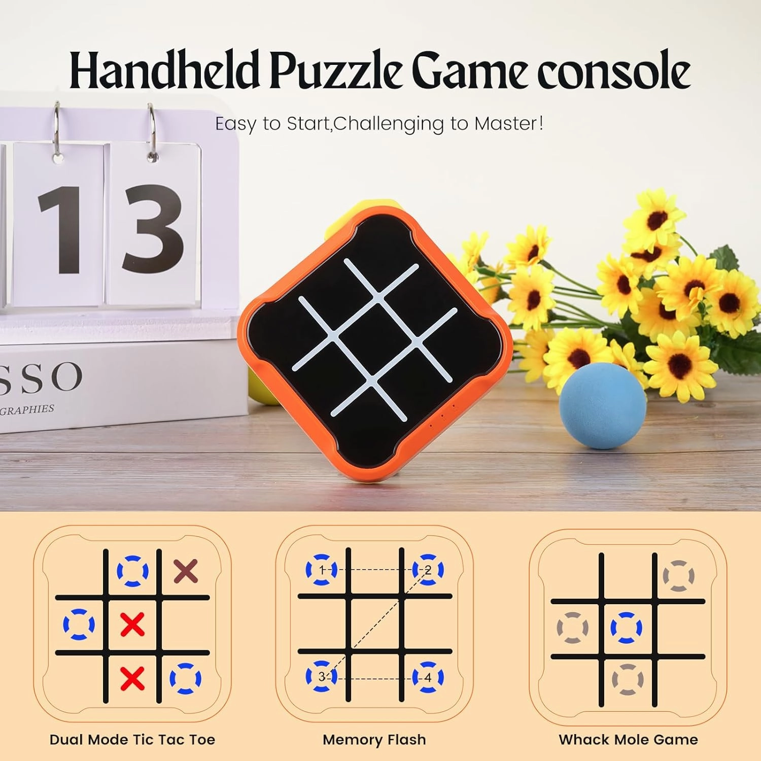 Tic Tac Toe Game, 4 in 1 Handheld Educational Game Machine, Electronic Tic Tac Toe Game for Education and Memory Growth, Home, Toy Board Game for Kids and Adults (Orange)