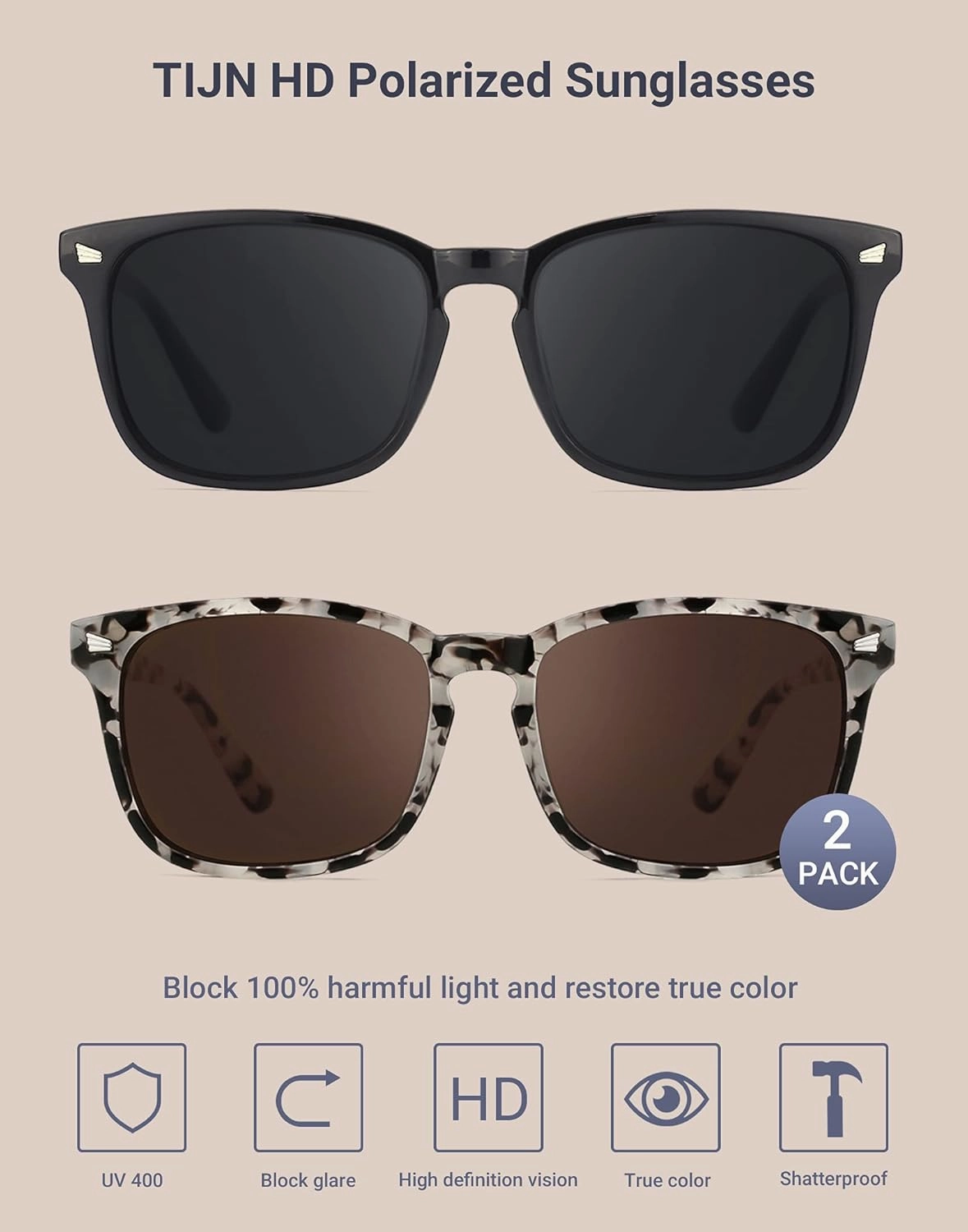 TIJN Polarized Sunglasses for Womens and Mens,Classic Square Frames Shades for UV Protection, Stylish and Trendy Sunnies
