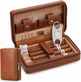 Time C Club 4-Finger Portable Travel Leather Cigar Case, Cigar Cutter, Cigar Humidor with Cigar Cutter and Humidifier, Groomsmen Gift, Birthday Gift