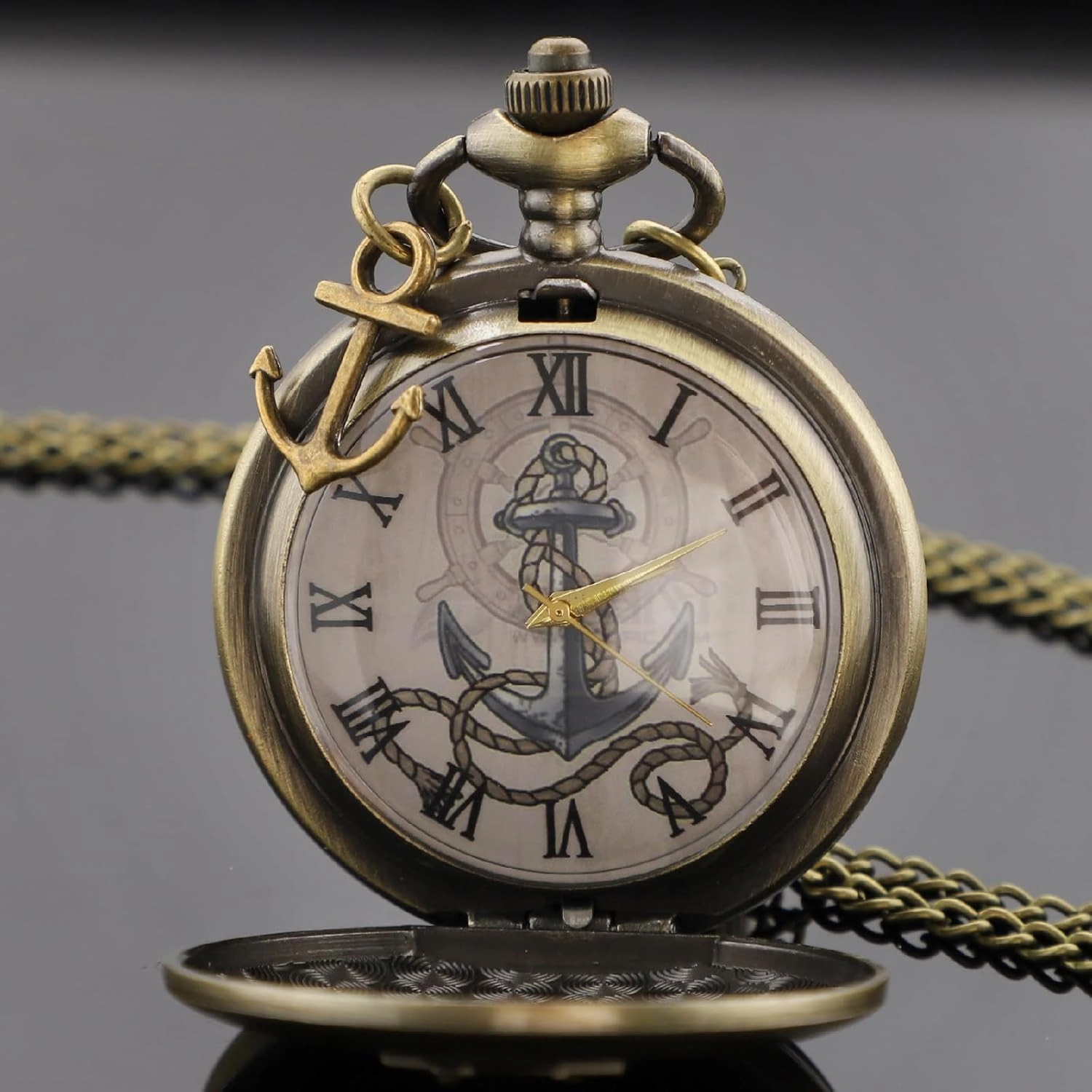 Tiong Pocket Watch Anchor Pattern Design Roman Numerals Quartz with Chain Birthday Gifts