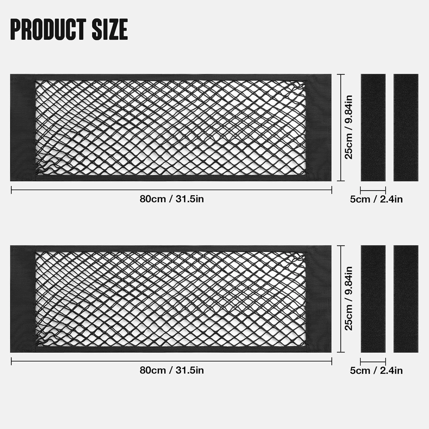 TOBWOLF 2PCS 25x80cm / 9.8x31.5in Mesh Storage Pocket Bag with Tape Sticker, Hook & Loop Elastic Cargo Net RV Netting Pocket, High Capacity Car Trunk Net Wall Sticker Pouch Bag For Car RV Home Storage