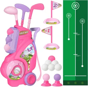 Toddler Golf Set for Girls Boys 2 3 4 Years Old, Kids Golf Clubs Set with Cart & Putting Mat, Outdoor Indoor Sports Toys Birthday, Pink