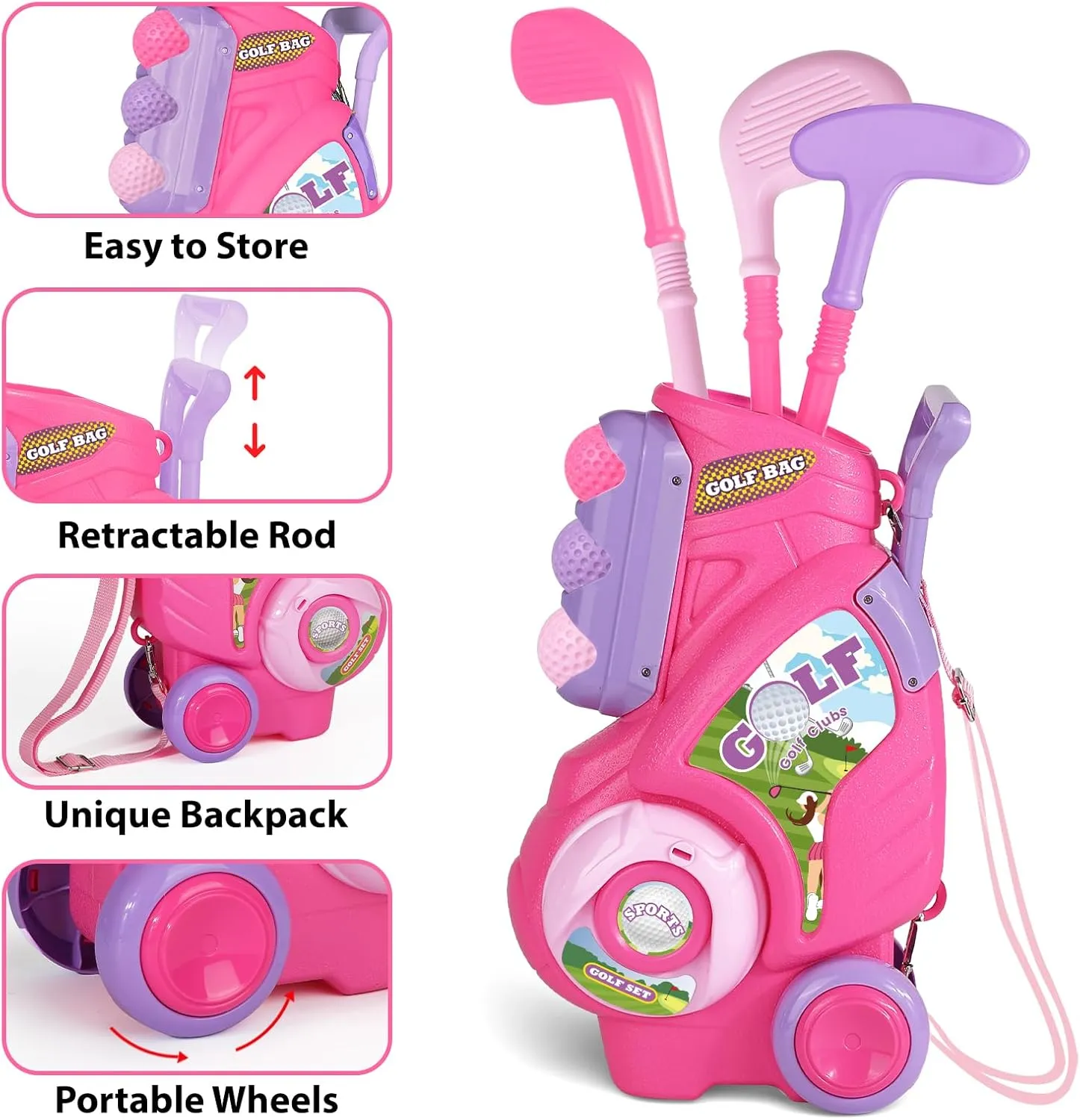 Toddler Golf Set for Girls Boys 2 3 4 Years Old, Kids Golf Clubs Set with Cart & Putting Mat, Outdoor Indoor Sports Toys Birthday, Pink