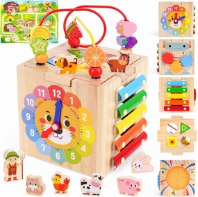 Toddler Wooden Activity Cube Toys, Montessori Toys for 1 2 3 Year Old Boy Girl, Educational Learning Toy for Toddlers 1-3 2-4 Years, Sensory Infant First 1st 2nd one two Christmas Birthday Gifts