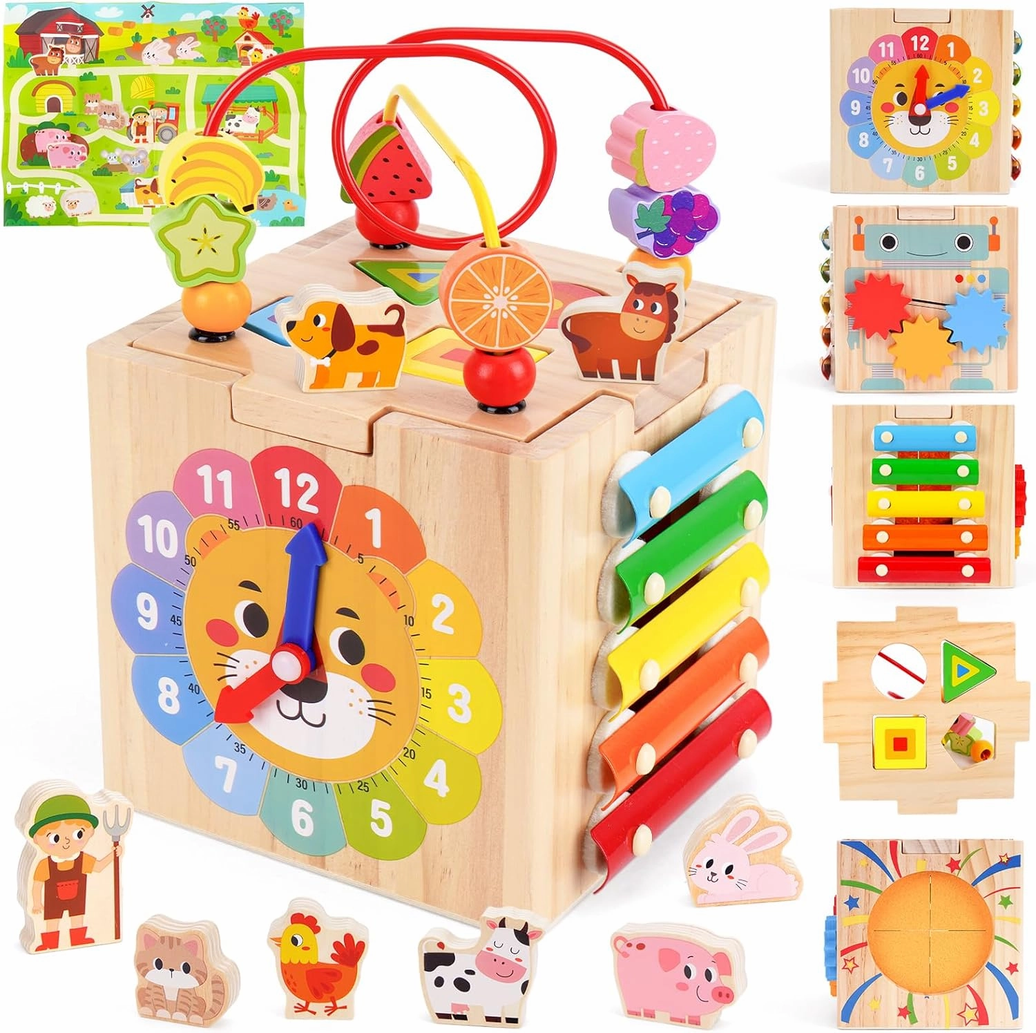 Toddler Wooden Activity Cube Toys, Montessori Toys for 1 2 3 Year Old Boy Girl, Educational Learning Toy for Toddlers 1-3 2-4 Years, Sensory Infant First 1st 2nd one two Christmas Birthday Gifts
