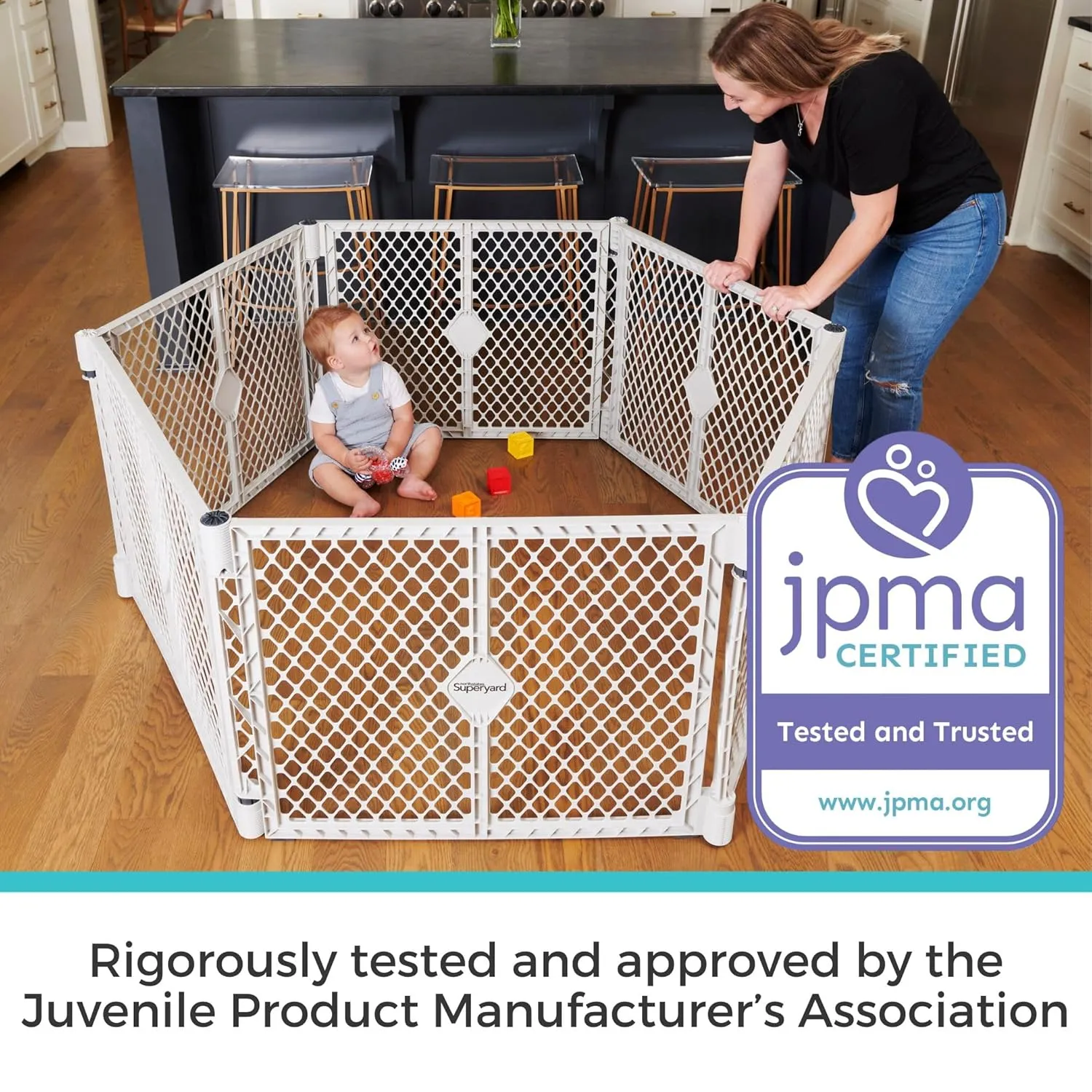Toddleroo by North States - Superyard Baby Play Yard: Freestanding 6-Panel Baby Playpen - Indoor or Outdoor Use - Made in USA - Encloses Up to 18.5 Square Feet - 26 Inches Tall - Light Gray