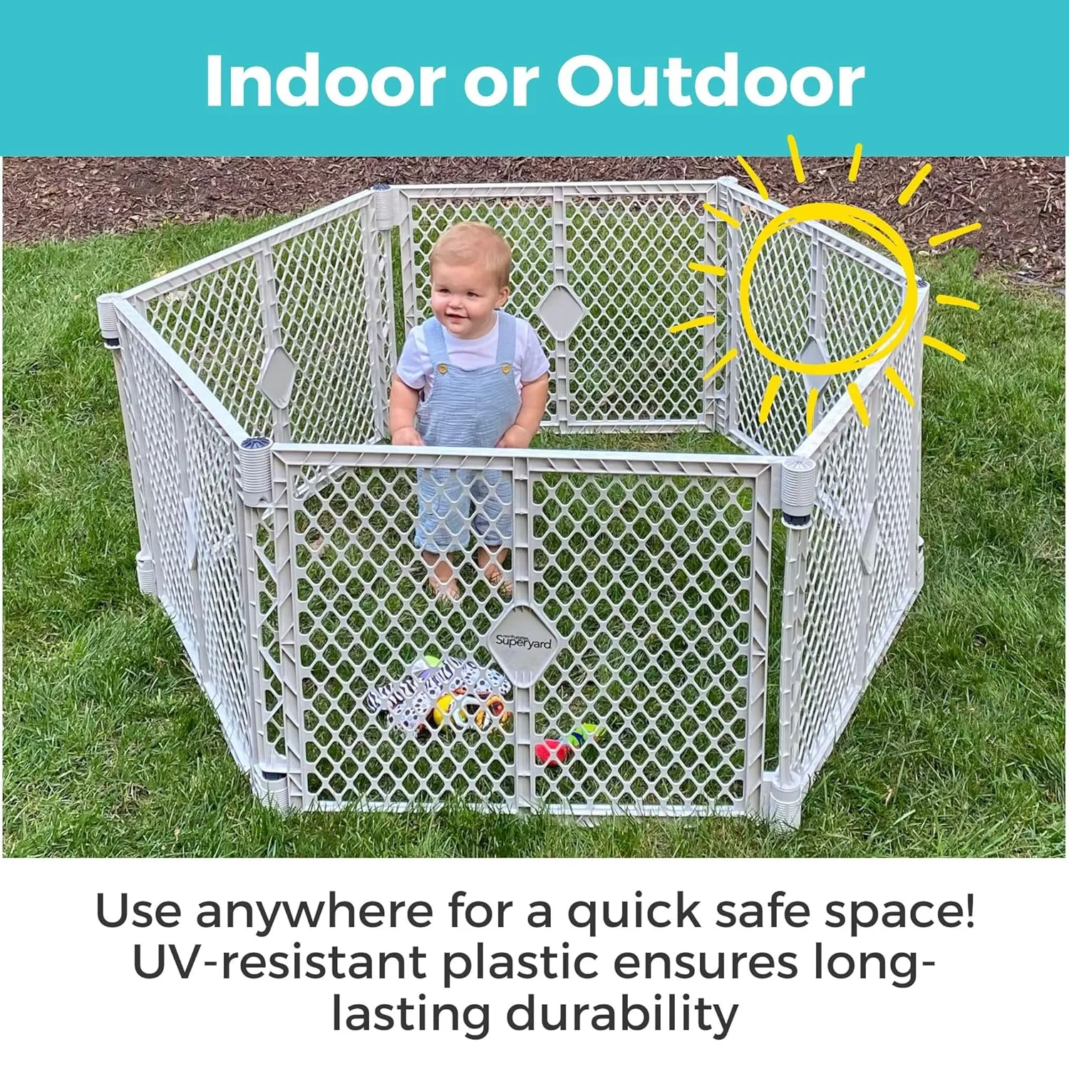Toddleroo by North States - Superyard Baby Play Yard: Freestanding 6-Panel Baby Playpen - Indoor or Outdoor Use - Made in USA - Encloses Up to 18.5 Square Feet - 26 Inches Tall - Light Gray