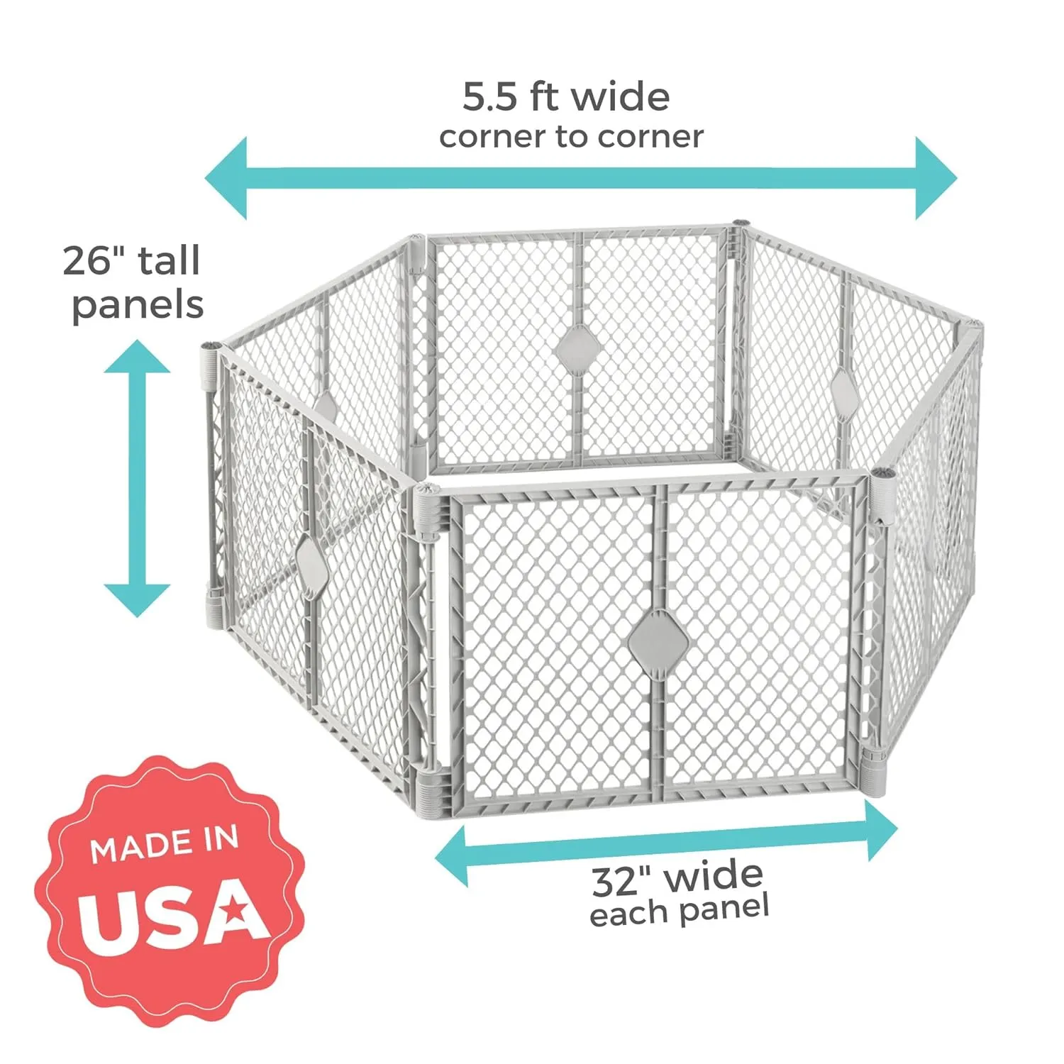 Toddleroo by North States - Superyard Baby Play Yard: Freestanding 6-Panel Baby Playpen - Indoor or Outdoor Use - Made in USA - Encloses Up to 18.5 Square Feet - 26 Inches Tall - Light Gray