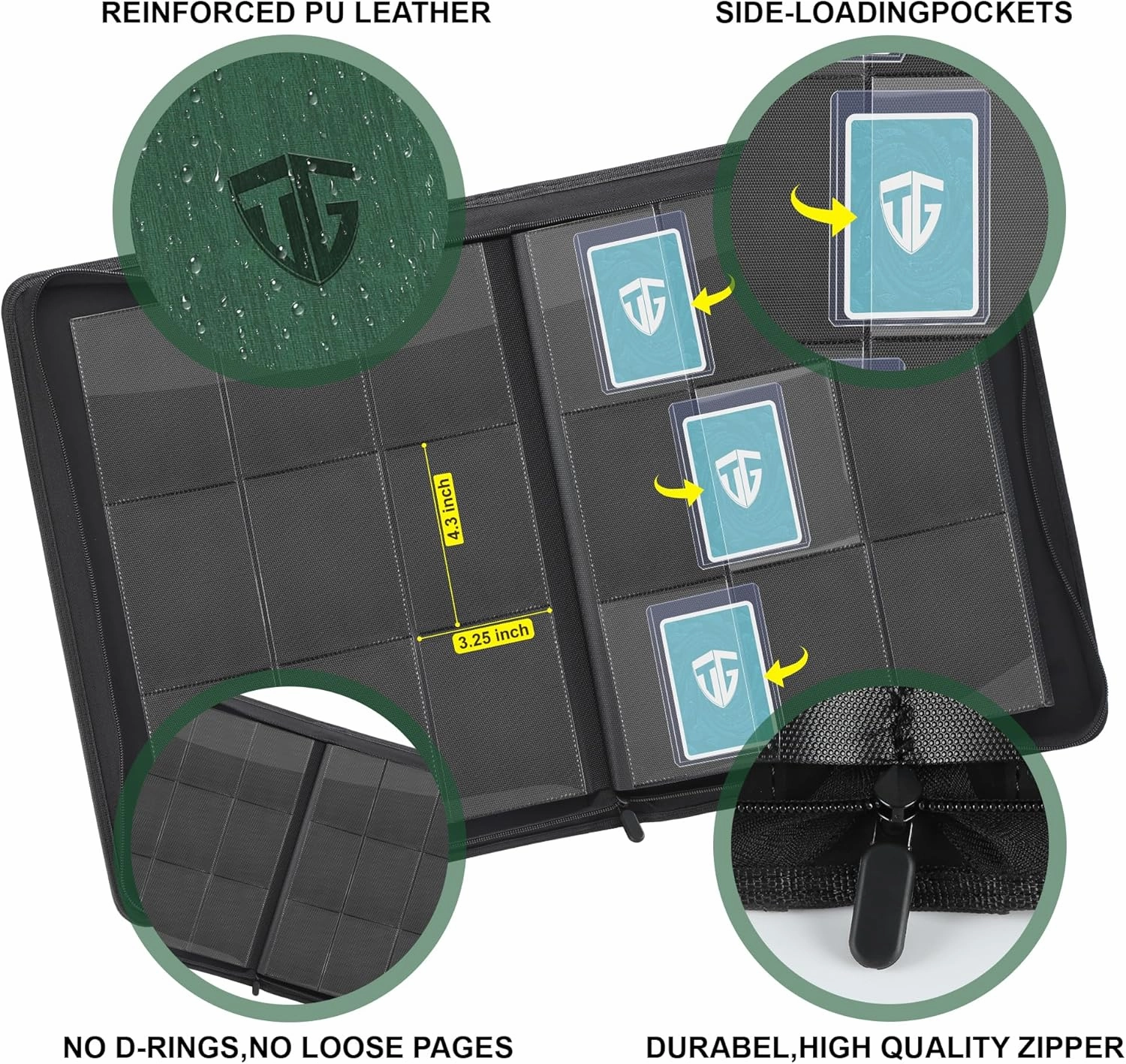 Toploader Binder,Holds 216 Toploaders,9 Pocket Top Loader Binder with Sleeves for 3"x4" Rigid Toploaders Hard Cases,Top loader Binders for TCG, MTG Card Binder, Trading Cards Binder (Dark Green)