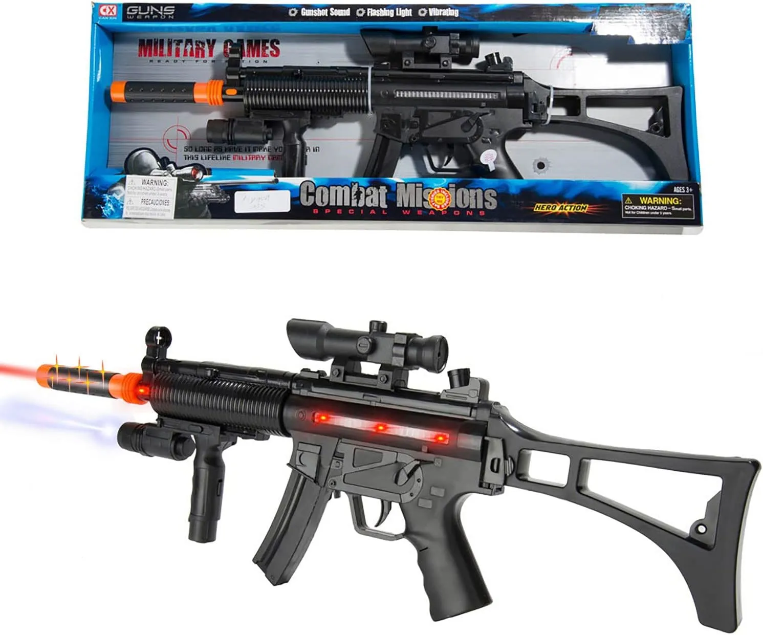 Toy Gun for Kids with Lights and Sounds, Light Up Combat Toy Machine Gun, Battery Operated Blaster Rifle with Scope, Military Sound, Best Gift for Kids
